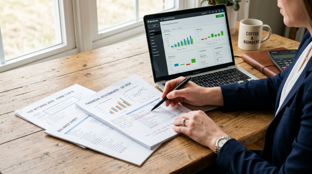 Close-up of hands reviewing business financial statements an