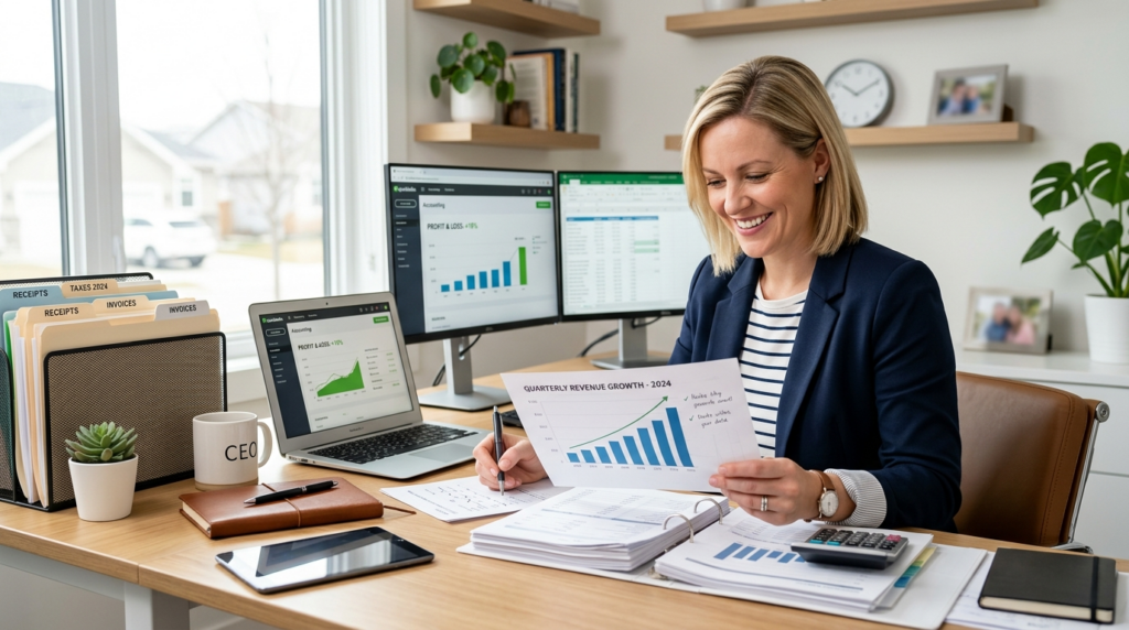 Small business owner reviewing organized financial records a