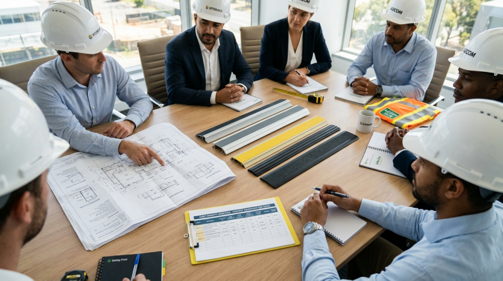 Close-up overhead shot of a construction site safety briefin