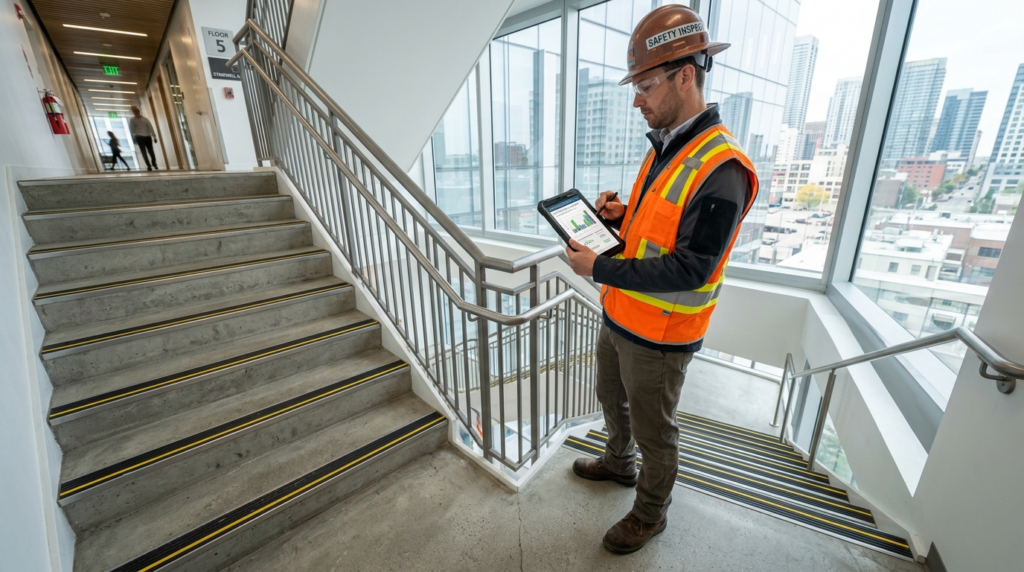 Wide angle photograph of a commercial buildings stairwell w
