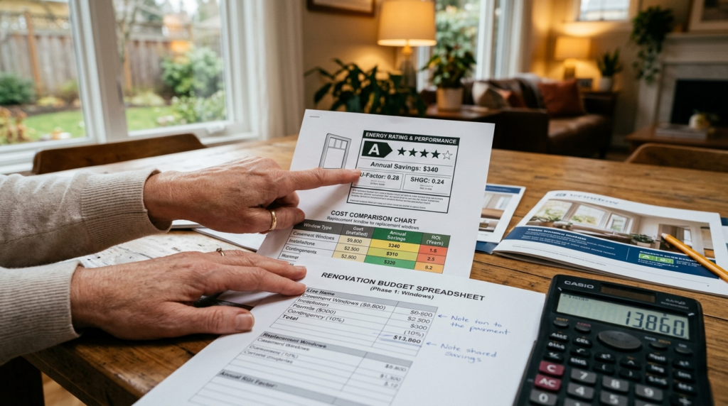 Close-up of homeowners hands pointing at energy efficiency 