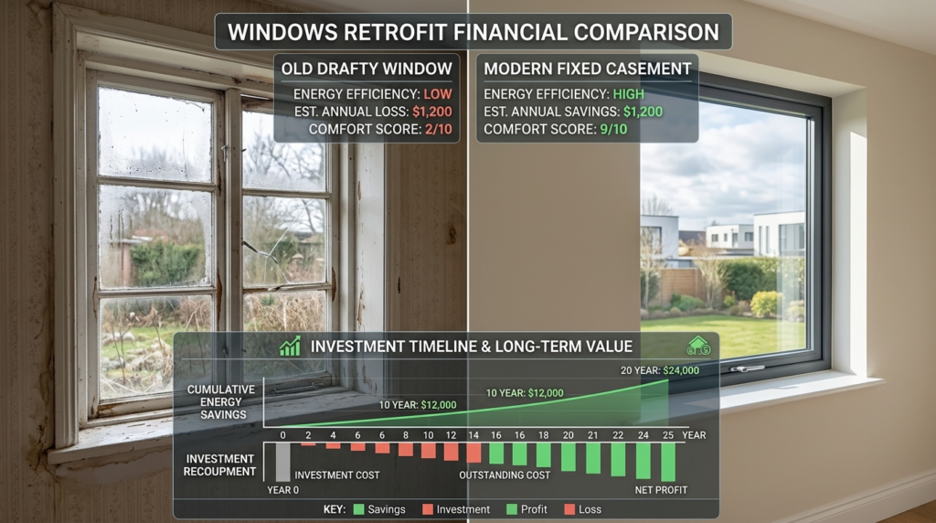 Split-screen comparison showing old drafty window on left an