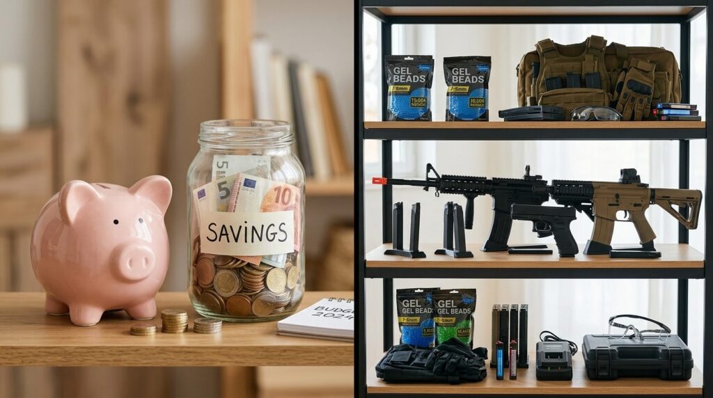 Split-screen concept: left side shows piggy bank and savings