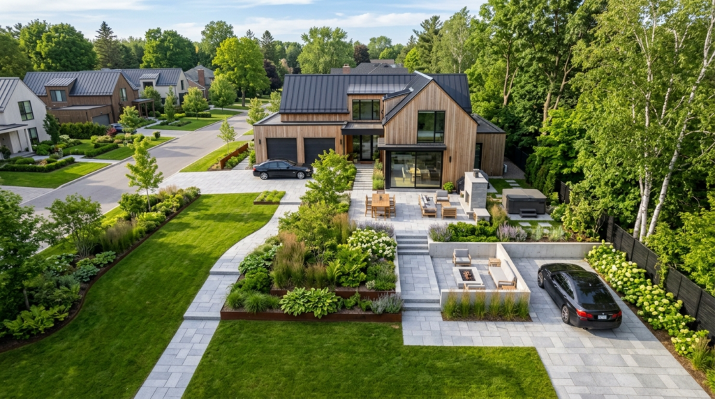 Aerial drone perspective of a residential property with prof