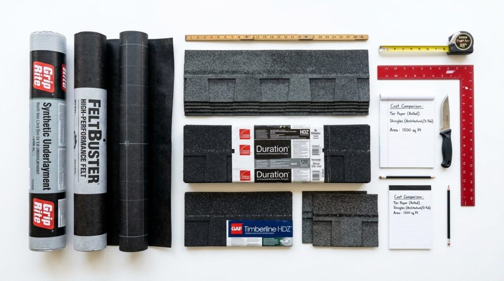 Cost comparison visualization: overhead view of roofing mate