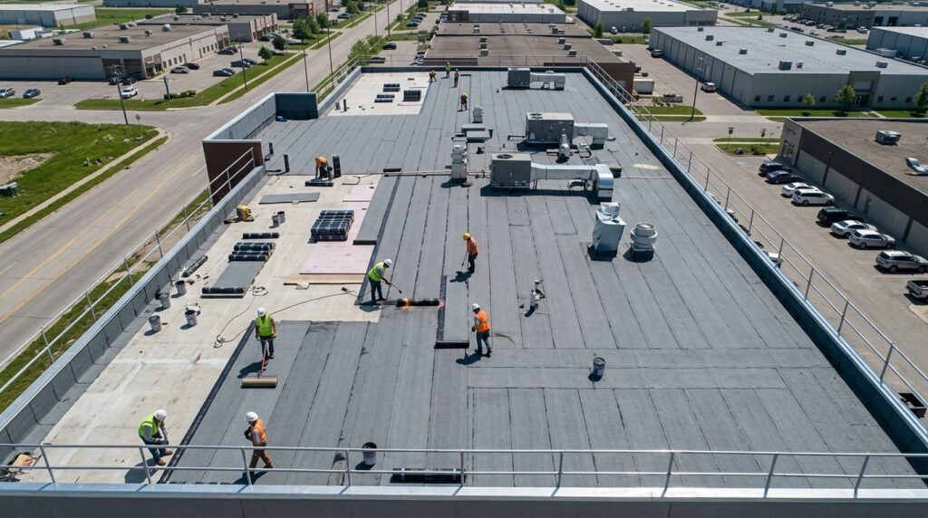 Modern flat roof construction detail showing dark bituminous