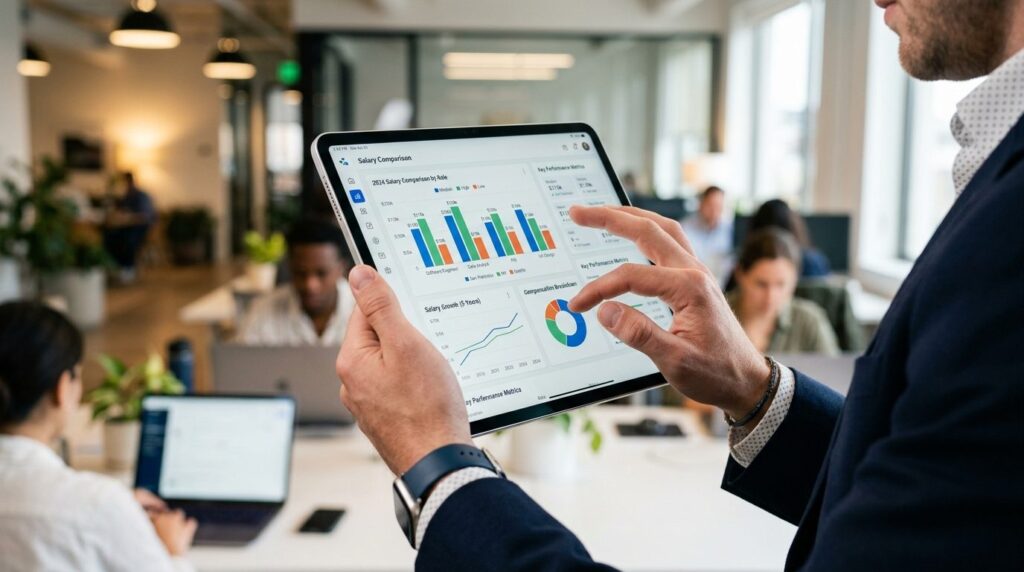 Close-up photorealistic image of hands holding a tablet disp