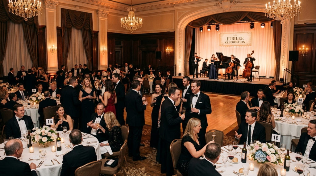 Wide shot of an elegant jubilee or corporate celebration eve