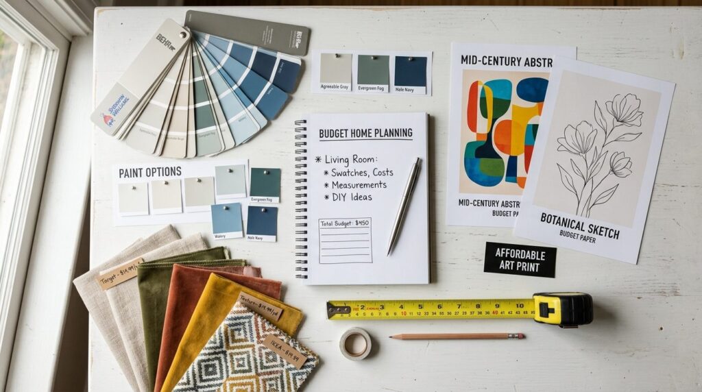 Close-up overhead flat lay photograph of budget interior des