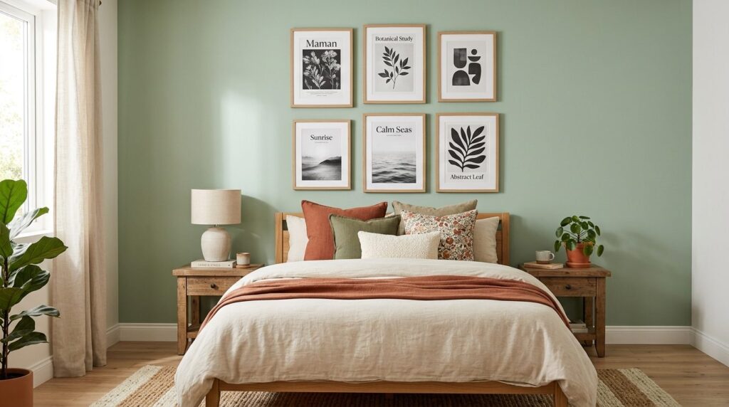 Interior design photograph of a bedroom wall featuring a coo