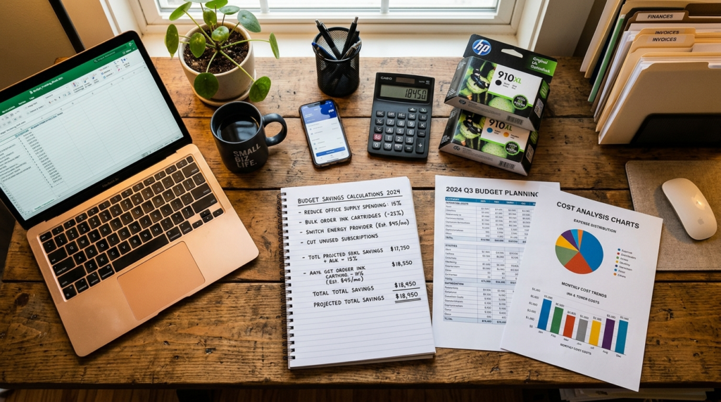Photorealistic overhead view of a small business owners des