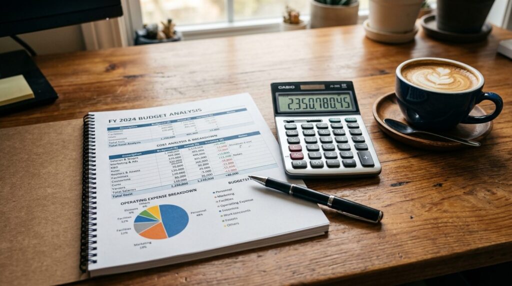 Close-up of calculator, pen, and financial documents showing