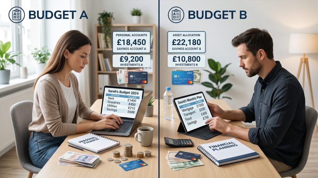 Split-screen concept showing two separate household budgets