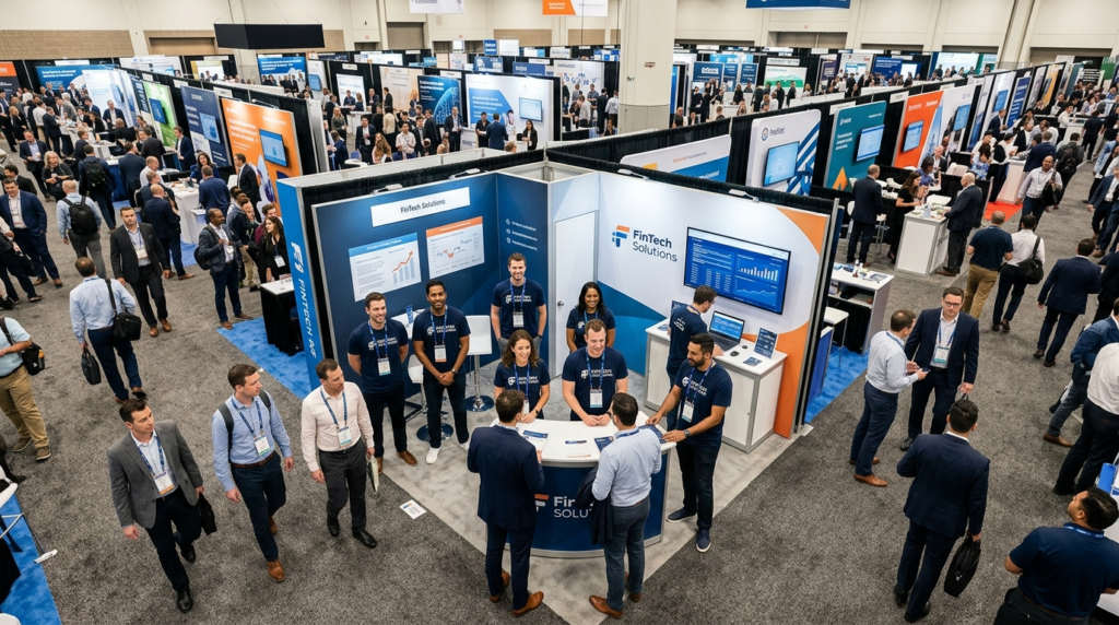 Overhead view of a busy trade show floor at a financial conf